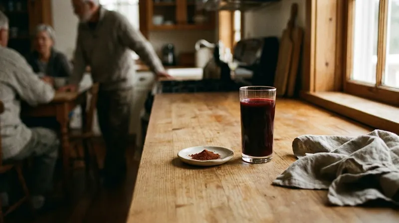 A tall glass of deep purple-red beet juice beside a small white dish holding a pinch of dark-red powder