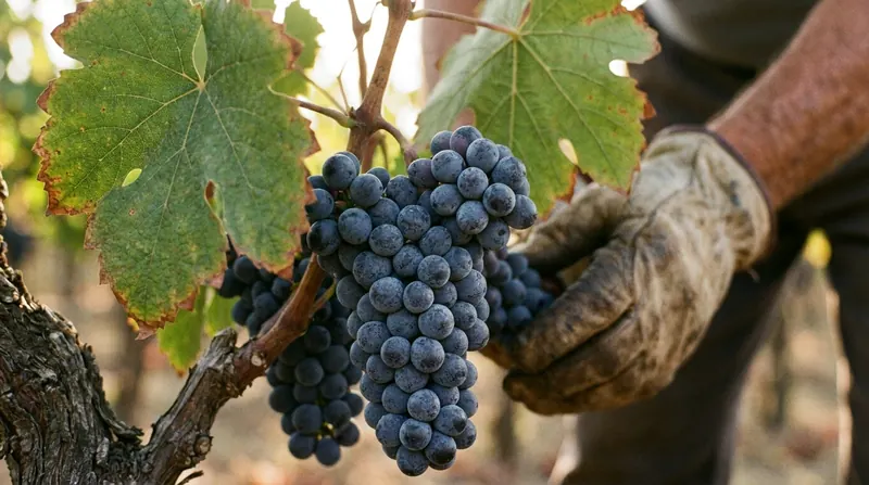 A heavy bunch of dark purple grapes on the vine with a dusty bloom on the skins