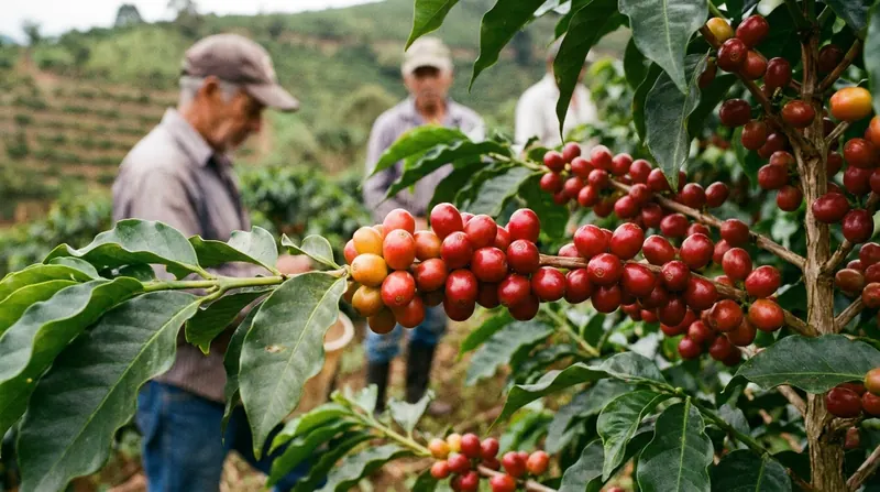 A branch of ripe bright red coffee cherries on a green shrub with broad dark leaves behind