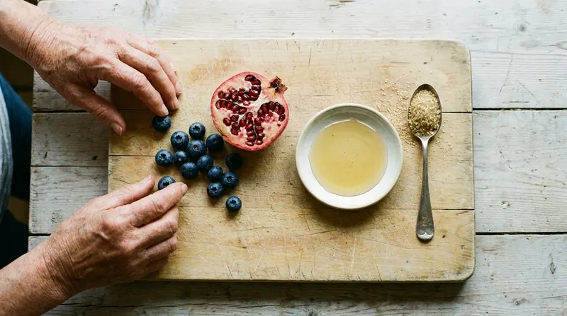 Fresh blueberries, a split pomegranate and a dish of pale syrup beside a teaspoon of raw cane sugar
