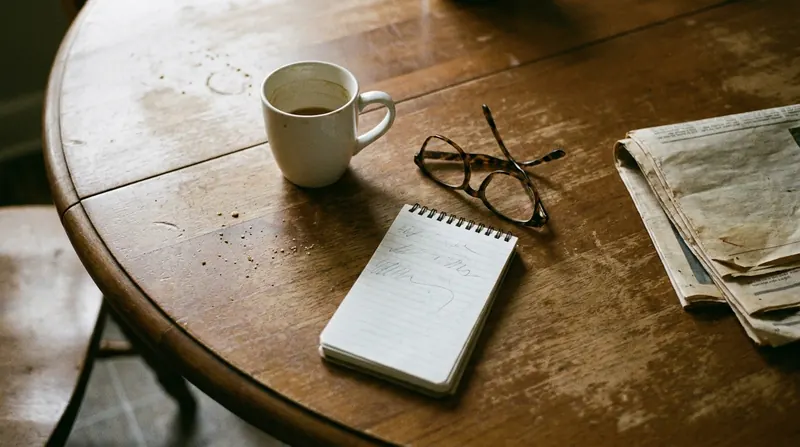 A kitchen table with a half-drunk mug of coffee, folded reading glasses and an open pocket notebook