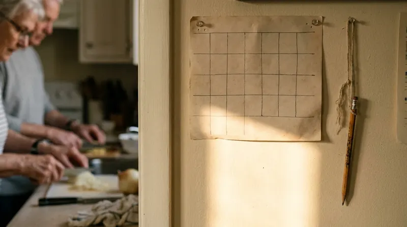 A plain paper wall calendar page pinned to a kitchen wall beside a hanging pencil on a string