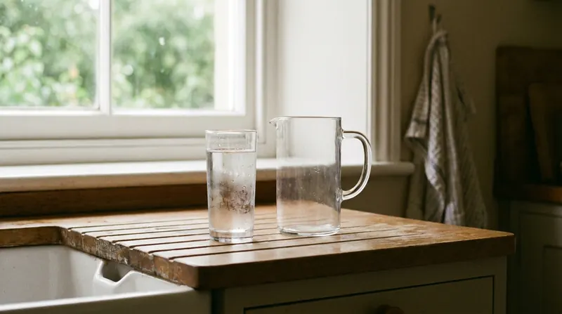 A tall glass of water and a glass jug on the draining board beside a kitchen sink in morning light