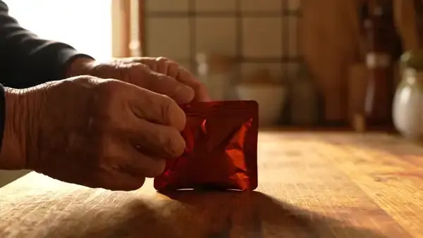 A man's hands folding the top of a small dark-red pouch over and pressing the seal closed