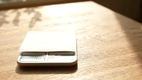 A hand tapping a very small pinch of dark-red powder onto folded paper on a kitchen scale