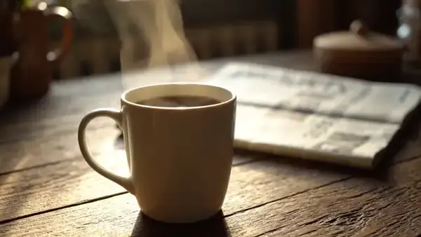 Steam rising slowly from a white mug of black coffee on a wooden table in morning light
