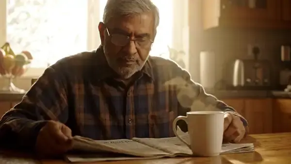A man in his sixties at a kitchen table reading a folded newspaper and drinking from a white mug