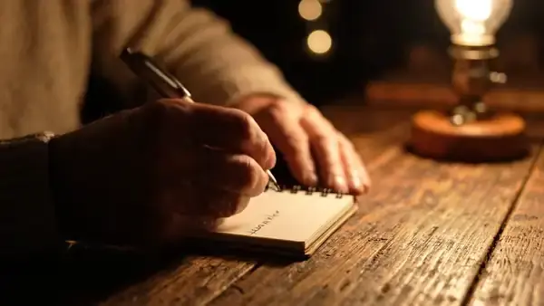 Hands writing one short line in a small pocket notebook in the evening and closing the cover
